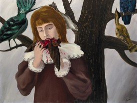 René Magritte, Girl Eating a Bird (Pleasure), 1927. Oil on canvas, 29-1/8 x 38-1/4 inches. Kunstsammlung Nordrhein-Westfalen, Du?sseldorff. © VG Bild-Kunst, Bonn 2010