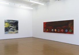 Installation view featuring (on the right) Nine Cosmic CD’s: For The Firespitter (Jayne Cortez), 2013, acrylic on canvas, 45h x 137.5w inches. Courtesy Alexander Gray Associates, New York.