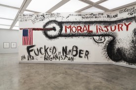 Installation shot of the exhibition under review, with Judith Bernstein’s Fucked By Number (1967/2013) foreground. Photo: Mark Blower. Courtesy of ICA, London