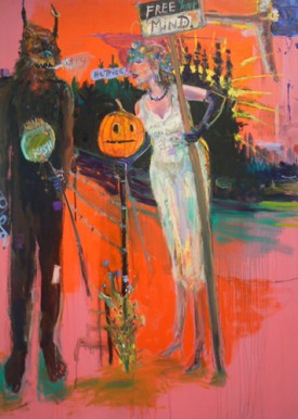 Matthew Blackwell, He Tries, 2011. Oil and acrylic on canvas with collage, 65-1/5 x 46-1/2 inches. Courtesy of Edward Thorp Gallery