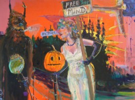 Matthew Blackwell, He Tries, 2011. Oil and acrylic on canvas with collage, 65-1/5 x 46-1/2 inches. Courtesy of Edward Thorp Gallery