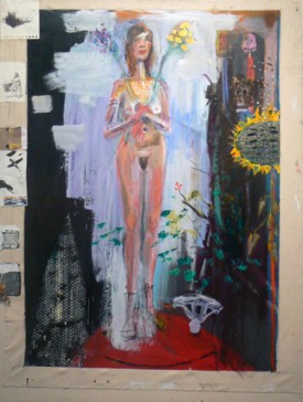 Matthew Blackwell, OK’s Garden, 2010-2013. Oil and acrylic on canvas with collage, 62-1/4 x 46-1/2 inches. Courtesy of Edward Thorp Gallery