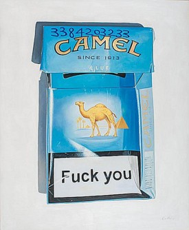 Kevin Berlin, Fuck You (Camel Blue), 2012. Oil on canvas, 45 x 60 inches. Courtesy of Mark Miller Gallery, New York