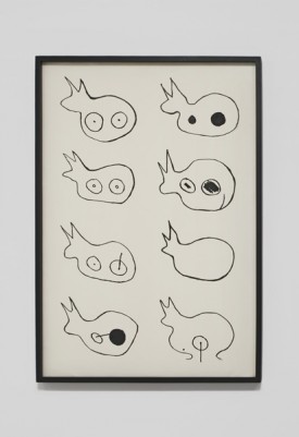 Mike Yaniro, Rickling 1, 2013, India ink on latex rubber, found frame 41 x 28.5 inches. Courtesy of Room East.