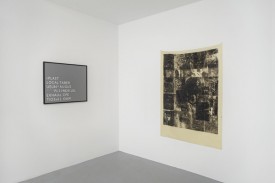 Mike Yaniro, installion view with Untitled, 2013, Xerox toner on latex rubber sheeting 57 x 42 inches, and Untitled, 2013, acrylic on colored expanded PVC, 24 x 32 inches. Courtesy of Room East.