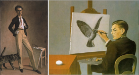 Balthus, The King of Cats,1935. Oil on canvas, 30.75 x 16.25 inches. Fondation Balthus, Switzerland © Balthus and right, René Magritte, Self-Portrait, 1936. © Charly Herscovici – ADAGP – ARS, 2013.