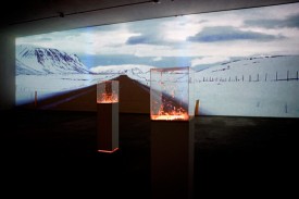 Magnus Sigurðarson, foreground, Contained STORM I & II, pedestal, Plexiglass, fan, and Styrofoam balls; and David Scott Kessler, rear, Lopi: A Traveler's Saga in Four Divinations, 2013