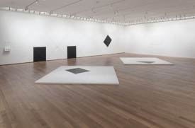 Installation view, Dorothea Rockburne: Drawing Which Makes Itself, Museum of Modern Art. Clockwise from left, on the walls and floor: Drawing Which Makes Itself: Hartford Installation, 1973, Nesting, 1972, Neighbourhood, 1973, Arc, 1973, Diamond–Paralellogram Overlapping, 1973. Digital Image © 2013 The Museum of Modern Art, New York.