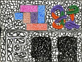 Jonathan Lasker, S-145-Untitled, 2011, oil and pigment pen on paper, 6"x8."
