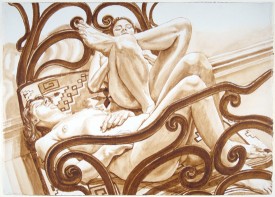 Philip Pearlstein, Two Female Models on Cast Iron Bed, 1975. Wash on Paper, 29-1/4 x 40-1/4 inches. Courtesy of Betty Cuningham Gallery