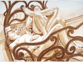 Philip Pearlstein, Two Female Models on Cast Iron Bed, 1975. Wash on Paper, 29-1/4 x 40-1/4 inches. Courtesy of Betty Cuningham Gallery