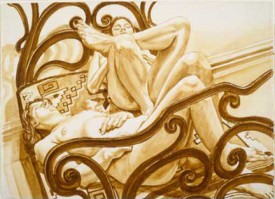 Philip Pearlstein, Two Female Models on Cast Iron Bed, 1975. Wash on Paper, 29-1/4 x 40-1/4 inches. Courtesy of Betty Cuningham Gallery