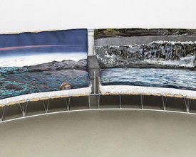 Ena Swansea, Night and Day Reversible Sofa, 2014. Steel, auto body paint, burlap, fake fur, feathers, and computerized reproductions of paintings, on dye-sublimation casino gaming suede, 35.25 x 157 x 33.5 inches, Edition of 8, 2 APs. Courtesy of Friendman Benda Gallery. Photo: Christopher Burke Studio