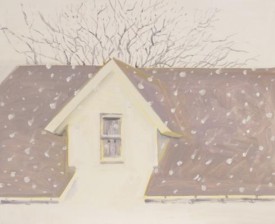 Lois Dodd, March Snow, 2013. Oil on panel, 13 x 16 inches. Courtesy of Alexandre Gallery