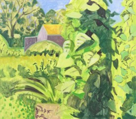 Lois Dodd, Barn and Bean Vines, 2013. Oil on panel, 15-3/4 x 18-1/4 inches. Courtesy of Alexandre Gallery