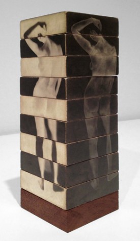 Robert Heinecken, Figure Sections/Multiple Solution Puzzle,1966. Vintage gelatin silver prints mounted to multiple sides of a mixed media sculpture, 3 x 3 x 8-1/4 inches. Courtesy of Robert Koch Gallery, San Francisco.