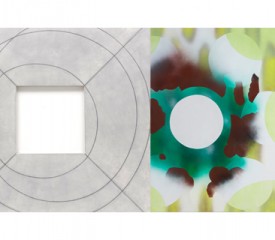 Robert Mangold, left, Framed Square with Open Center II, 2013. 2014 Robert Mangold/Artists Rights Society (ARS), New York, Pace Gallery; Shirley Kaneda, Restrained Decadence , 2014. Acrylic and linen on canvas, 64 x 54 inches. Courtesy of Galerie Richard