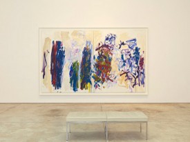 Installation shot showing Joan Mitchell, Trees, 1990-91. Oil on canvas, diptych 94-1/2 x 157-1/2 inches. © Estate of Joan Mitchell. Courtesy Joan Mitchell Foundation and Cheim & Read, New York