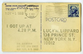 On Kawara, I GOT UP, 1970. Postcard, 3 1/4 x 5 1/2 inches. Courtesy of the artist and the Metropolitan Museum of Art.
