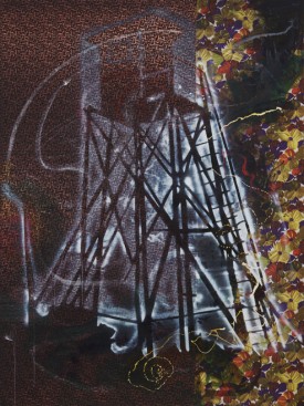 Sigmar Polke, German, 1941–2010, Watchtower (Hochsitz). 1984. Synthetic polymer paints and dry pigment on patterned fabric, 9? 10? x 7? 4 1?2? (300 x 224.8 cm). The Museum of Modern Art, New York. Fractional and promised gift of Jo Carole and Ronald S. Lauder. © 2014 Estate of Sigmar Polke/ Artists Rights Society (ARS), New York/VG Bild?Kunst, Bonn