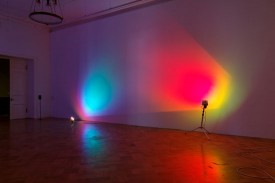 Ann Veronica Janssens, Purple—Turquoise, 2014. Static, halogen lamps, dicroïc filters. Courtesy Gallery Esther Schipper, Berlin. Commissioned by MANIFESTA 10, St. Petersburg. Installation view, "MANIFESTA 10," General Staff Building, State Hermitage Museum.