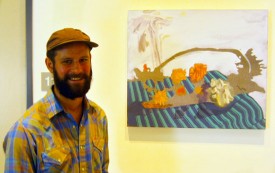 Will Bruno with his painting Beach Flowers, 2014. Flashe and oil on canvas, 28 x 24 inches. Courtesy of the artist. Photograph by Paul Maziar.