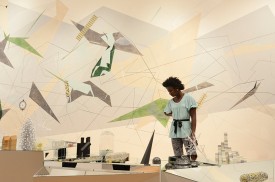 Installation view of the wall drawing Ondam and Fractured Floating City (foreground) of Dannielle Tegeder: Painting in the Extended Field at the Wellin Museum of Art, 2013