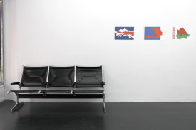 Peter Fend, Flags (Costa Rica, Haiti, Belarus, Chad, ISIS, Korea, Jamaica, Algeria, Russia, United Kingdom), 2014. 10 aluminum flags with UV inkjet, 12 x 18 inches each. Courtesy of Essex Street