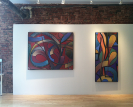 Installation shot of the exhibition under review with works by William Conger, both oil on canvas: left, Dervish, 2008, 54 x 60 inches, and Dutchman, 2011, 66 x 30 inches. Courtesy of Studio Vendome Projects