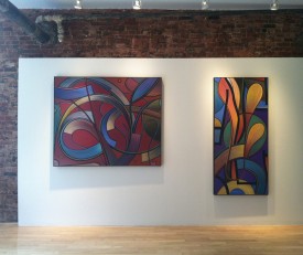 Installation shot of the exhibition under review with works by William Conger, both oil on canvas: left, Dervish, 2008, 54 x 60 inches, and Dutchman, 2011, 66 x 30 inches. Courtesy of Studio Vendome Projects