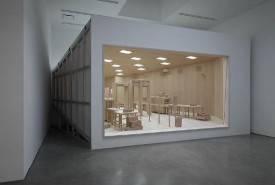 Roxy Paine, Checkpoint, 2014. Maple, aluminum, fluorescent light bulbs, and acrylic prismatic light diffusers. Installation view. Courtesy of Marianne Boesky Gallery