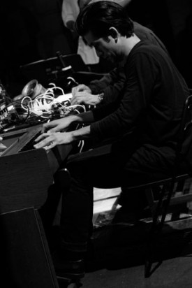 Yoshi and Tashi Wada at Issue Project Room, performance view. Tashi Wada at keyboard and electronics. Photograph by Bradley Buehring, courtesy of Issue Project Room.