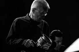 Yoshi and Tashi Wada at Issue Project Room, performance view. Left to Right: Yoshi Wada on siren and Tashi Wada on keyboard and electronics. Photograph by Bradley Buehring, courtesy of Issue Project Room.