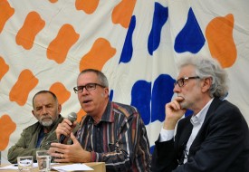 Raphael Rubinstein, center, with artists Noël Dolla (the subject of #24 in The Miraculous), left, and Pierre Buraglio at a panel discussion at Canada in June 2014. Photo © Paul Behnke