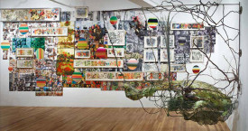 Installation shot of Judy Pfaff: Second Nature at Pavel Zoubok Gallery. Right hand wall: Hydroza, 1994-2014. Tar, resin, fiberglass, steel, blown glass, 90 x 30 x 95 inches. Courtesy of Pavel Zoubok Gallery