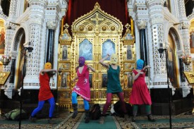 Members of Pussy Riot in their February 2012 performance-protest at the Cathedral of Christ the Savior, Moscow. Photo courtesy of MoMA PS1