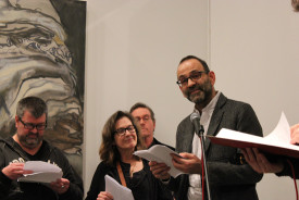 Alex Nagel reading with Christian Viveros-Faune, Sharon Butler and Drew Lowenstein. Photo: Anna Shukeylo