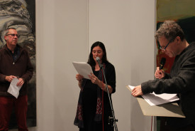 Christina Kee reading, with Raphael Rubinstein and David Cohen. Photo: Anna Shukeylo