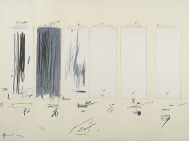 Cy Twombly, Untitled, 1970. Crayon, graphite pencil, ink, oil stick, colored pencil, tape, and cut and torn paper on paper. The Menil Collection, Houston; Gift of the artist. Photograph: Paul Hester © Cy Twombly Foundation