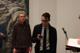 Noah Dillon reading, with Raphael Rubinstein. photo: Anna Shukeylo