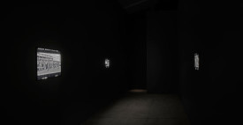 Alfredo Jaar, Shadows, 2014. Installation with LED lights, aluminum, video projection and six lightboxes with black-and-white transparencies; lightboxes: 12 x 13 inches; each; projection: 116 x 174; inches; overall dimensions variable. Original photographs by Koen Wessing (1942-2011): Estelí, Nicaragua, September 1978. The collection and copyright of Koen Wessing is administered by the Nederlands Fotomuseum, Rotterdam. Images: Courtesy of the Artist and Galerie Lelong, New York.