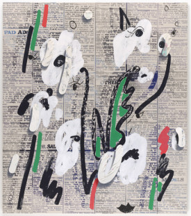 Laura Owens, Untitled, 2013, synthetic polymer paint and oil stick on canvas 137 3/8 x 119 7/8", The Museum of Modern Art, New York. Enid A. Haupt Fund