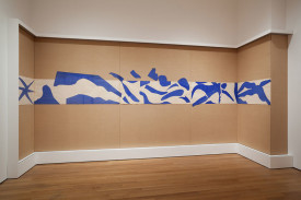 Henri Matisse, The Swimming Pool,1952. Gouache on paper, cut and pasted, on painted paper. Photograph shows one section of installation of nine panels in two parts on burlap-covered walls, as seen in present exhibition. The Museum of Modern Art, New York. Mrs Bernard F. Gimbel Fund, 1975.