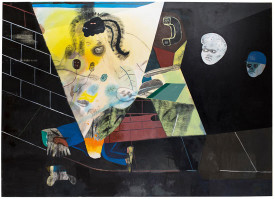 Kenny Rivero, It happened on the Corner, 2014. Oil and Acrylic on Canvas, 60 x 84 inches. Courtesy of Shin Gallery