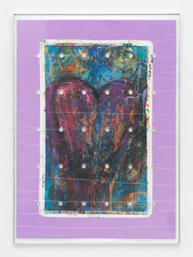 Brad Troemel; Bam Margera 'HELSINKI HEART', 2014 (Acrylic on canvas 30 x 50") + (30) LEALANA 1LTC Brass Litecoin; 2015. Vacuum seal on reinforced panel with aluminum frame 66 1/2 x 48 inches. Image courtesy of the artist and Zach Feuer Gallery, New York.