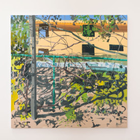 Julian Kreimer, Turquoise Fence, 2015. Oil on canvas, 66 x 68 inches. Courtesy of the artist and Lux Art institute.