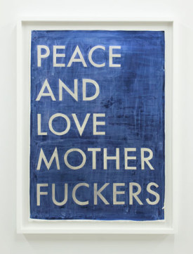 Vivienne Griffin, Peace and Love Mother Fuckers, 2014. India ink and iridescent ink on paper, 27.5 x 19.5 inches. Courtesy of the artist and Bureau, New York.