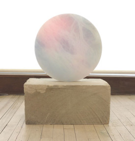 Vivienne Griffin, Intimacy (again), 2015. Alabaster, watercolor, limestone, tempered steel, 34.25 x 16.25 x 11.75 inches. Courtesy of the artist and Bureau, New York.