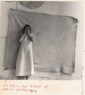 Francesca Woodman, I'm Trying My Hand At Fashion Photography, Providence, Rhode Island (P.076.5), 1977. Vintage Gelatin Silver Print On Two-Sided Postcard, 4-3/4 x 5 inches. © Francesca Woodman/ Courtesy of Marian Goodman Gallery