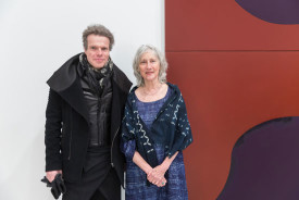 David Cohen and Suzan Frecon in front of Frecon's painting, earth takes its guidelines, 2014 at the private view of her current exhibition. Photo: Scott Rudd